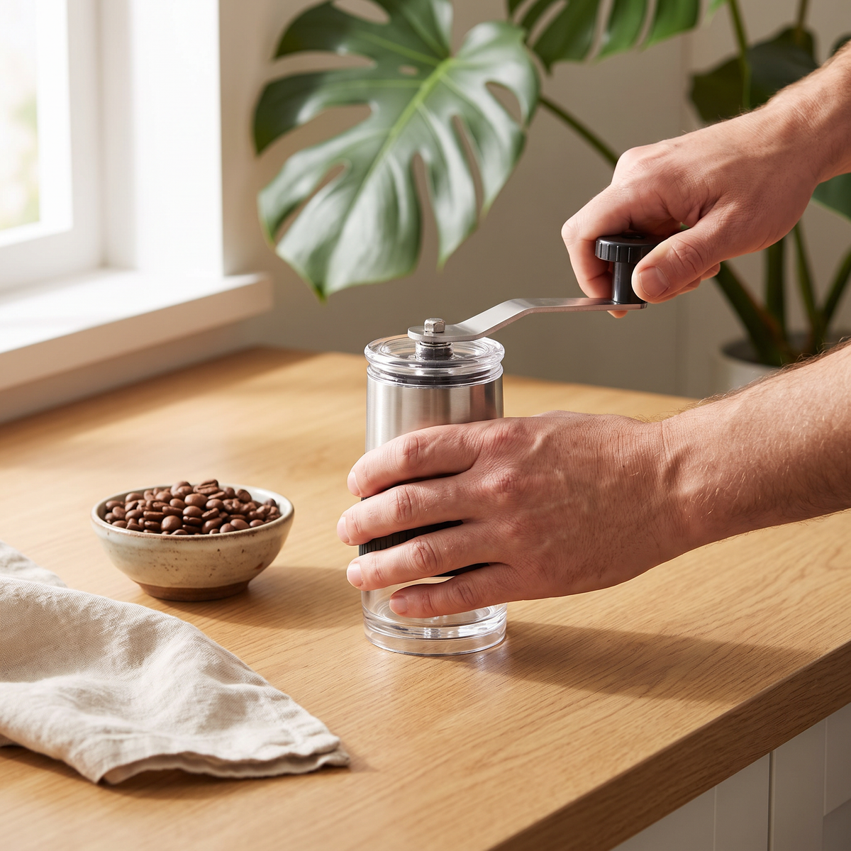 Moedor de Café Manual com Mó de Cerâmica e Corpo Transparente
