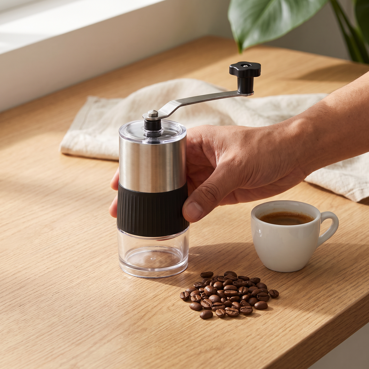 Moedor de Café Manual com Mó de Cerâmica e Corpo Transparente