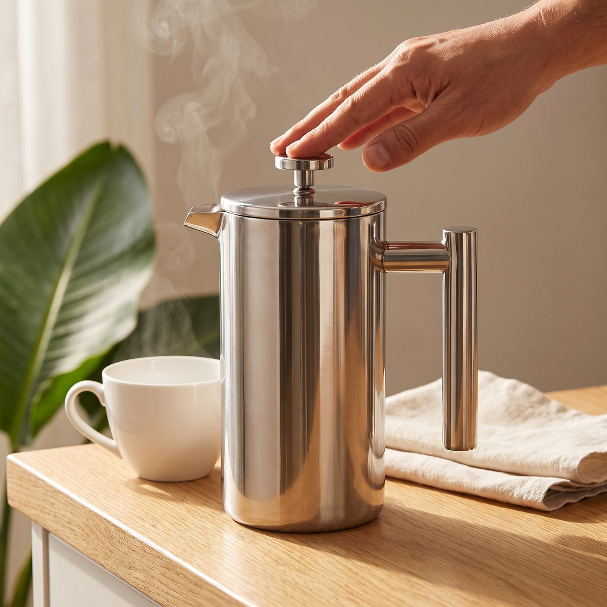 Prensa francesa de inox em uso, êmbolo sendo pressionado