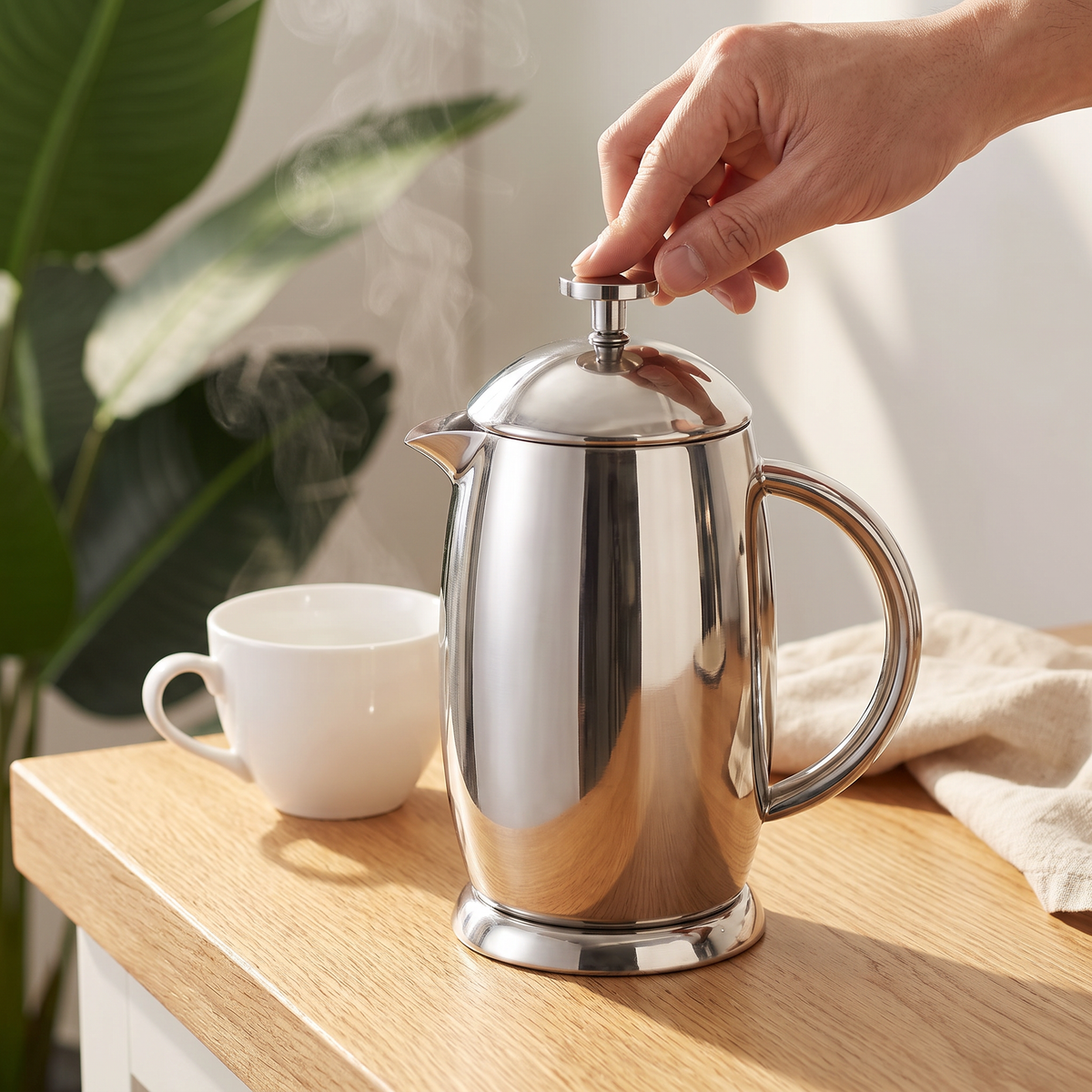 Prensa térmica de inox em uso, êmbolo sendo pressionado