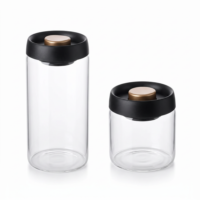 Pote de vidro para café com tampa de pressão a vácuo, fundo branco