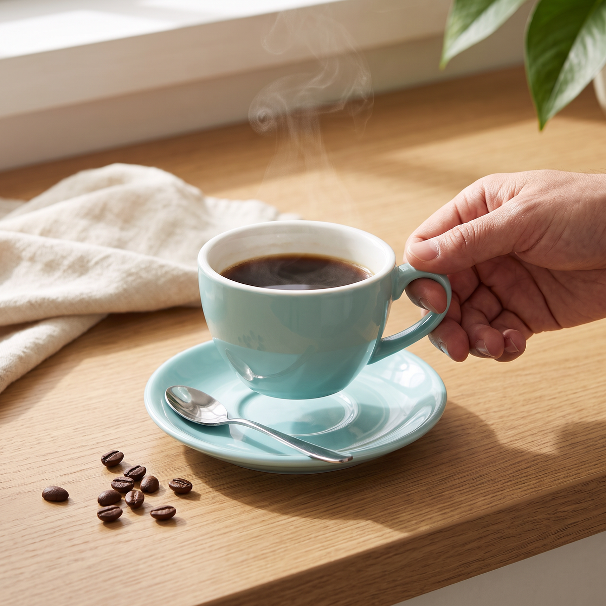 Xícara sendo levantada do pires, com café