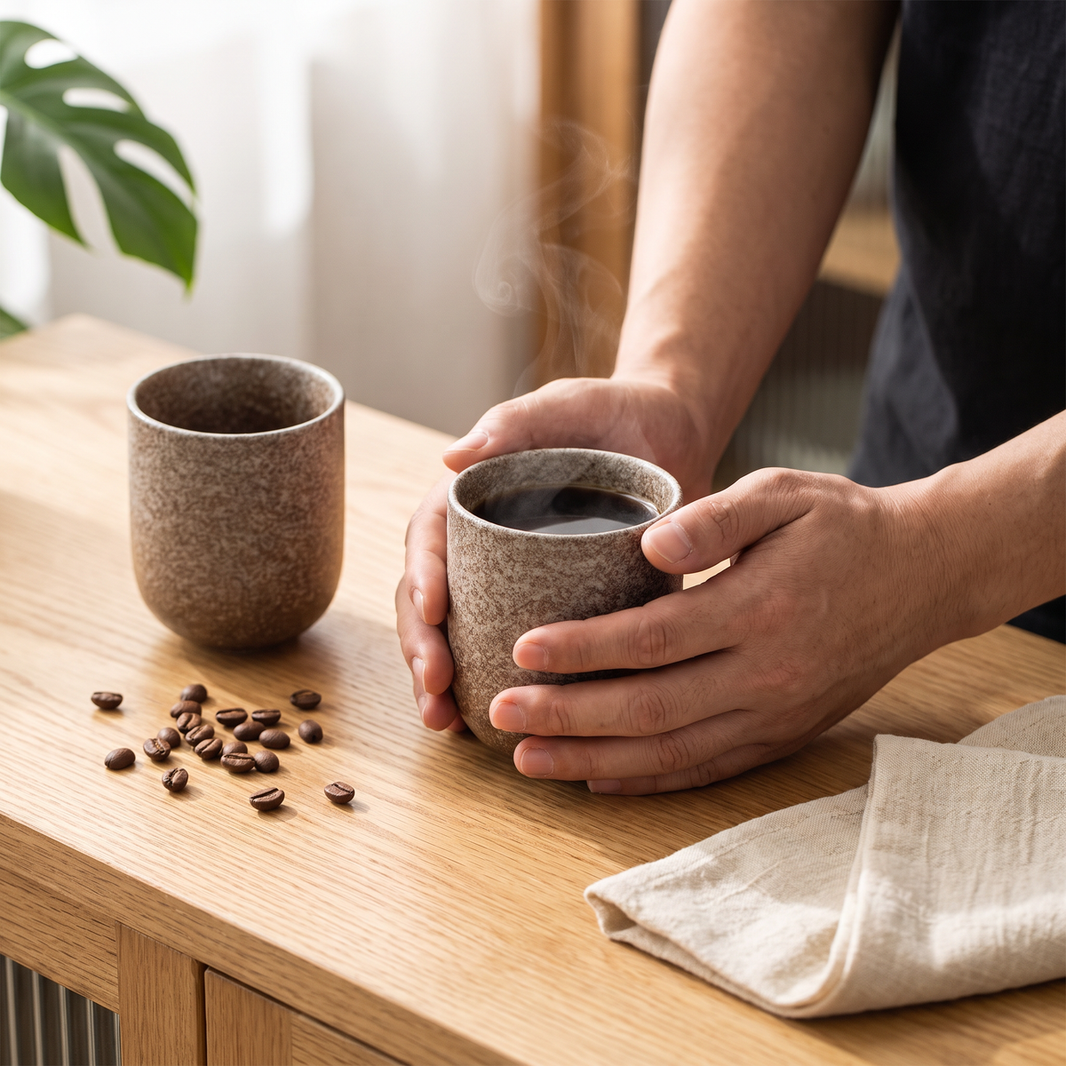 Xícara segurada com as duas mãos, cheia de café