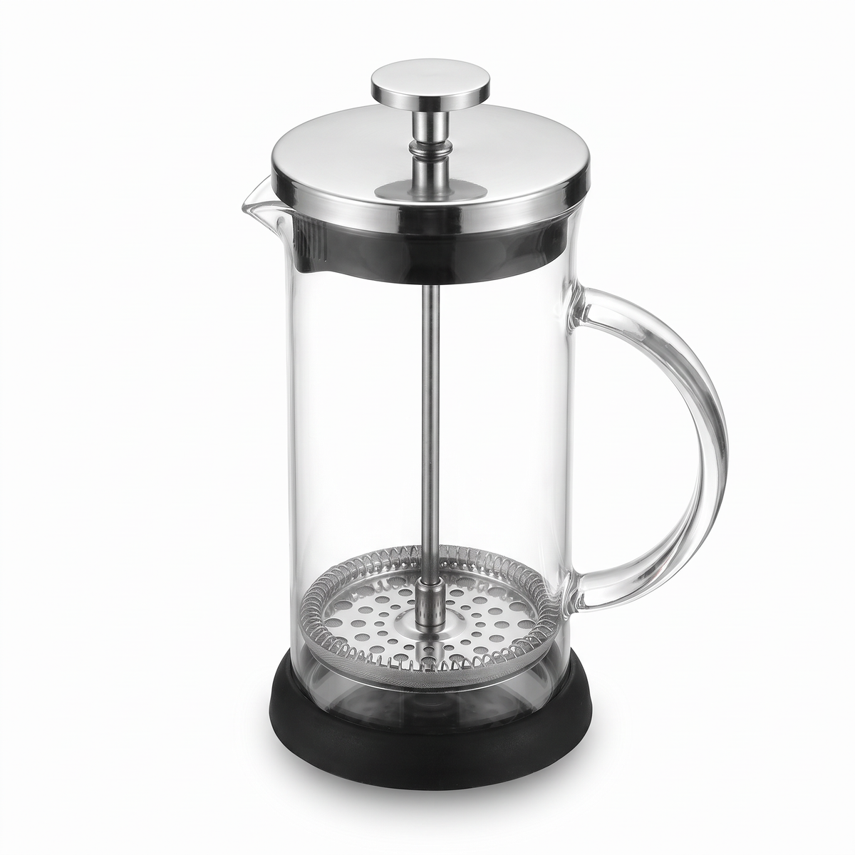 Prensa francesa de vidro borossilicato com filtro de inox, fundo branco