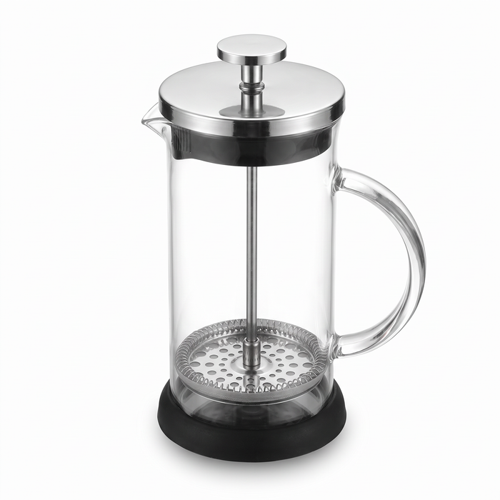 Prensa francesa de vidro borossilicato com filtro de inox, fundo branco