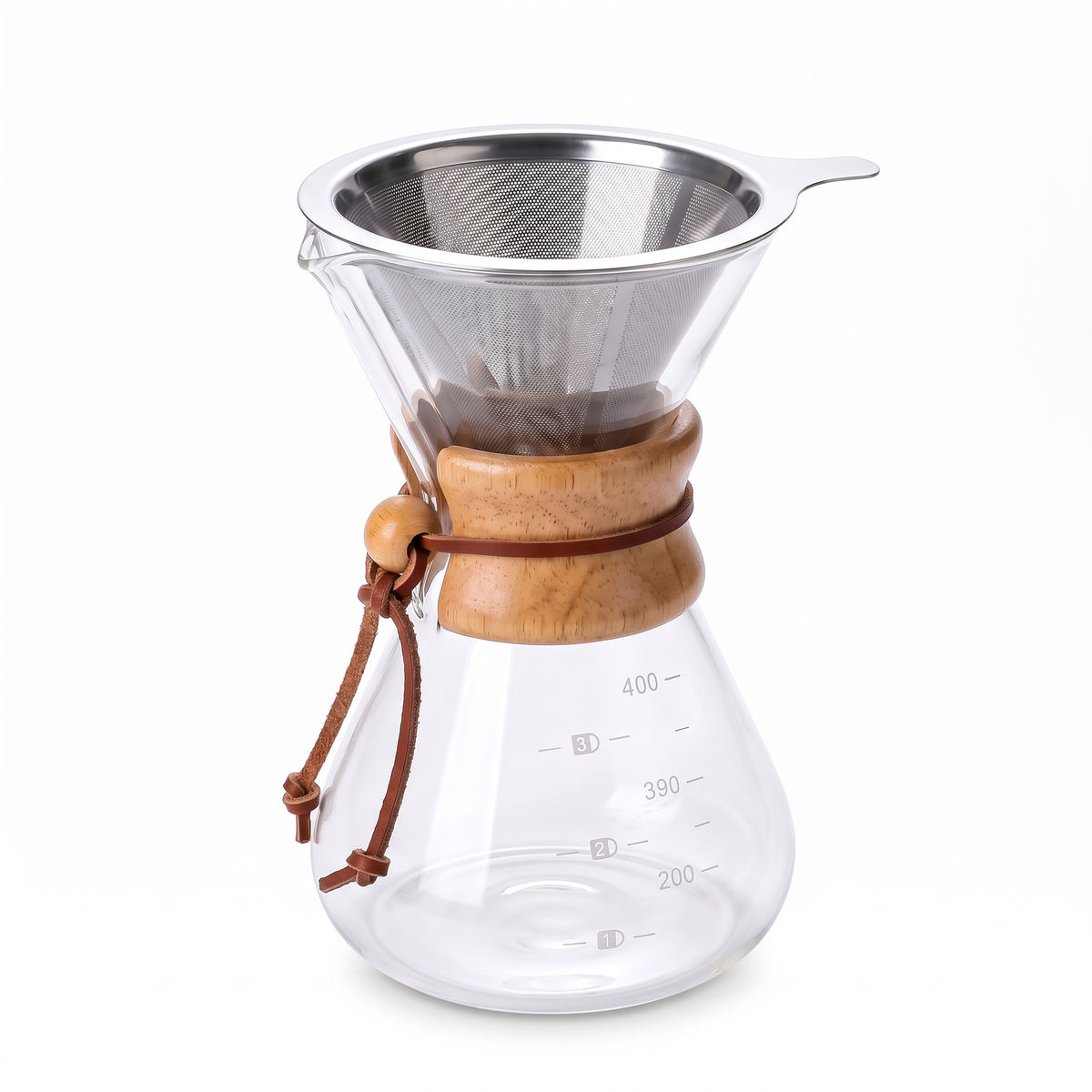 Cafeteira de vidro com filtro de inox permanente, fundo branco