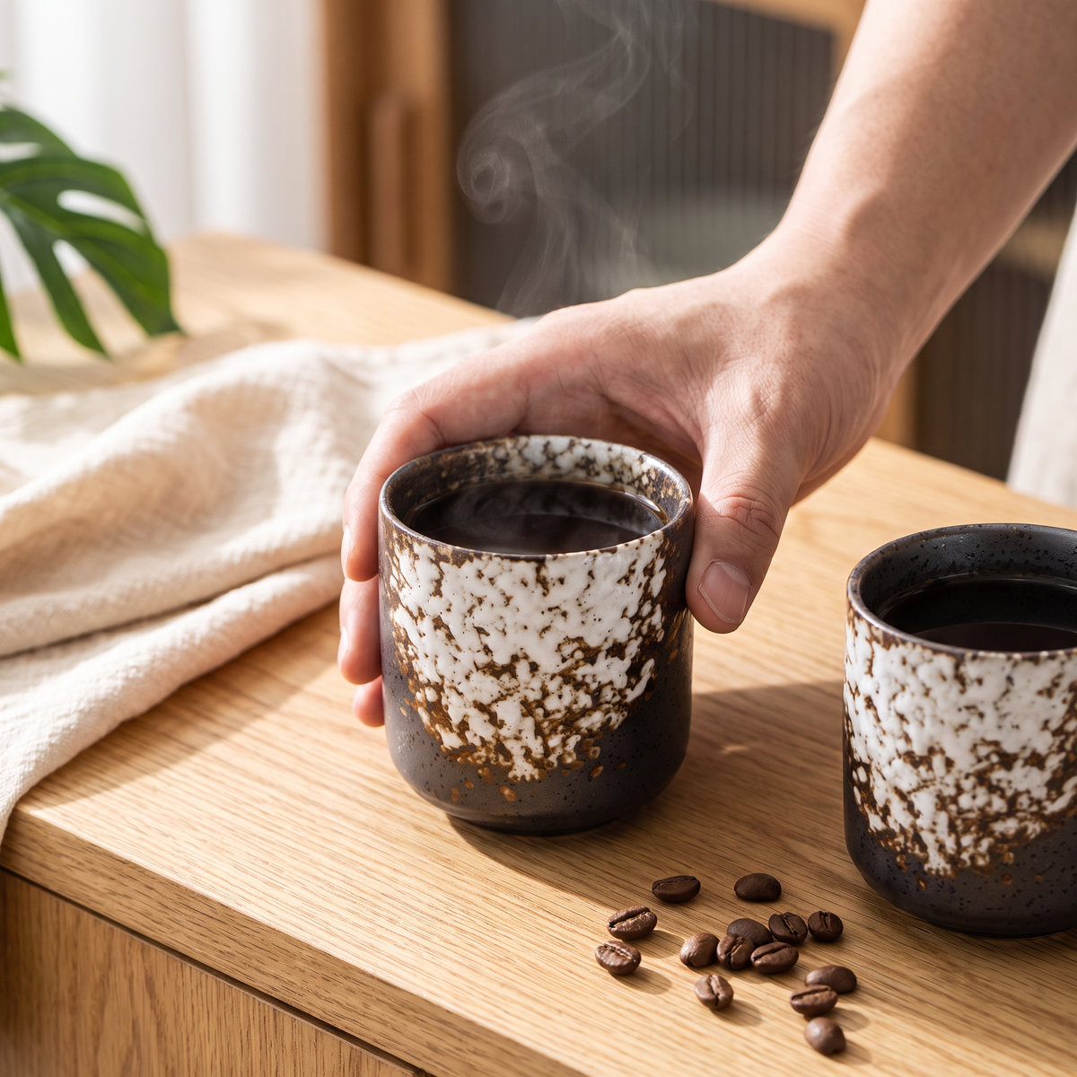 Xícara empilhável segurada na mão, cheia de café