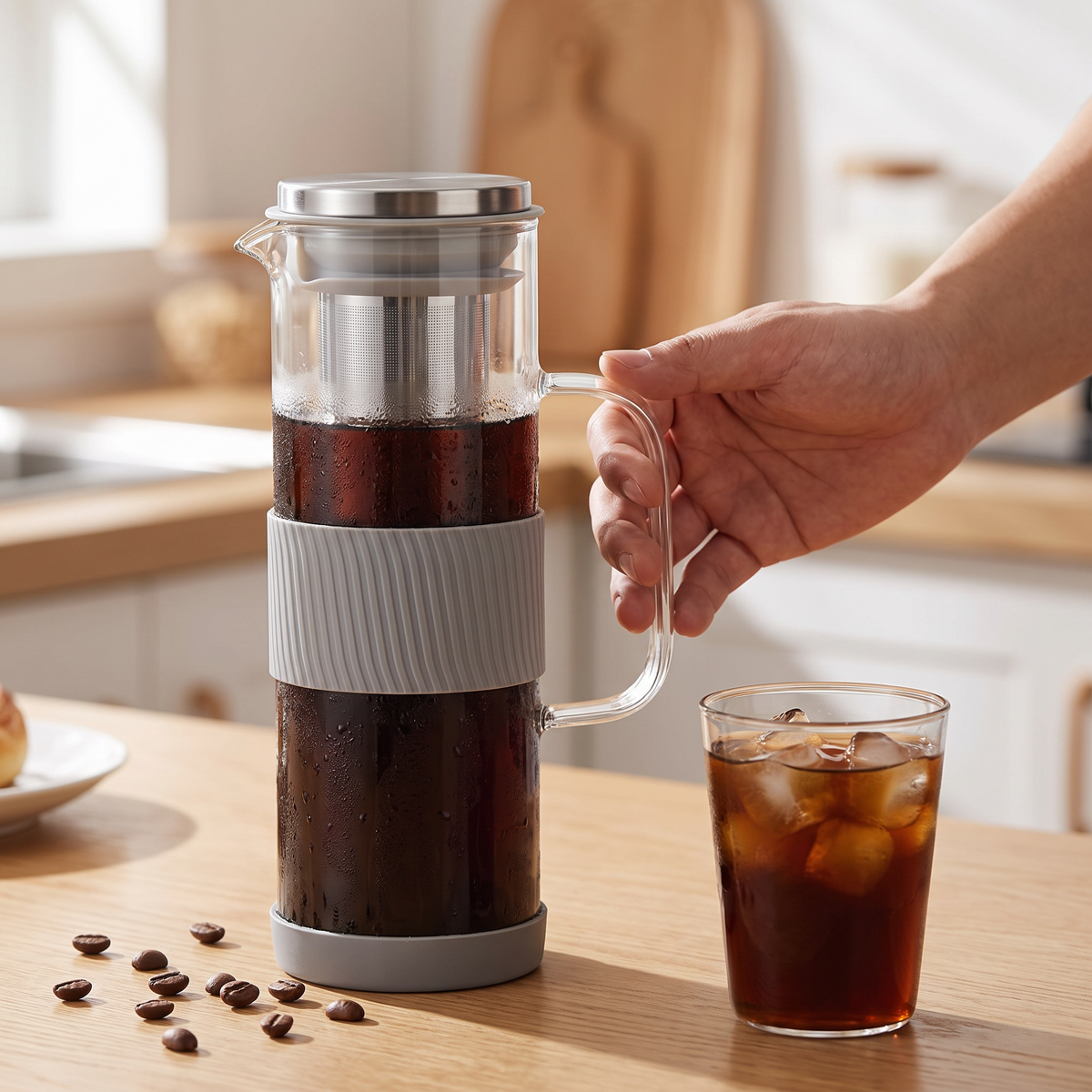 Garrafa de cold brew cheia ao lado de um copo com gelo