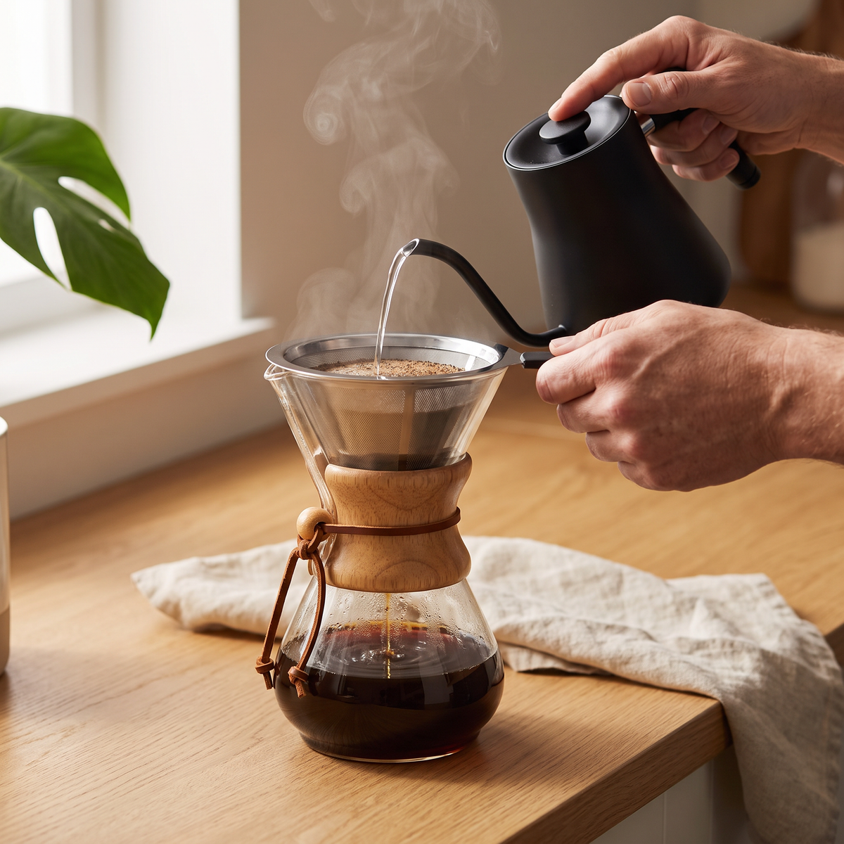 Cafeteira em uso, água sendo despejada no filtro de inox