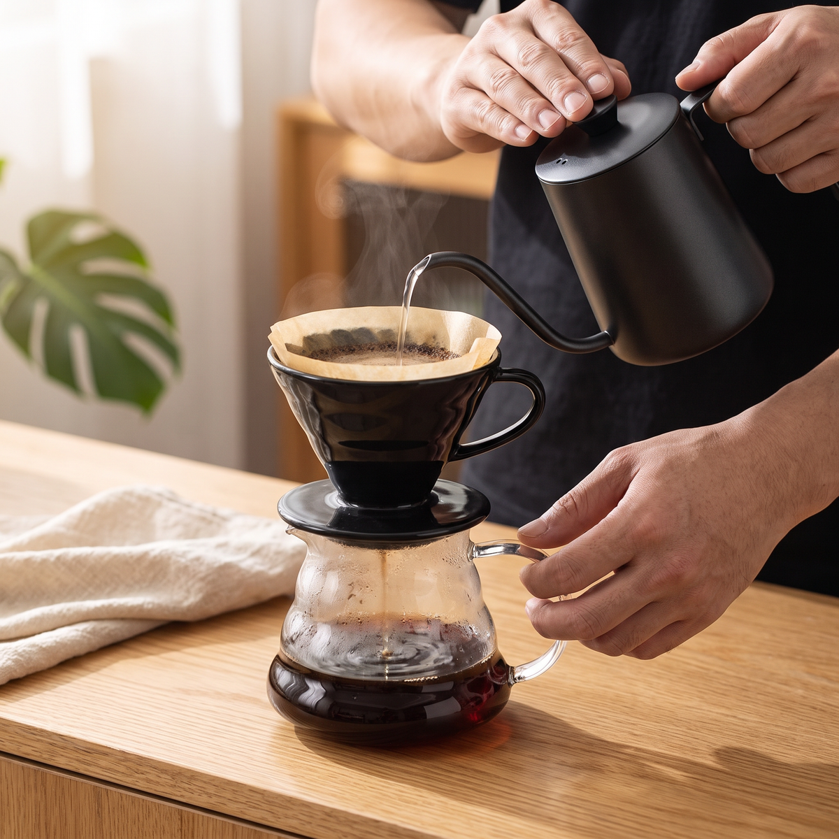 Jarra recebendo o café do coador durante o preparo