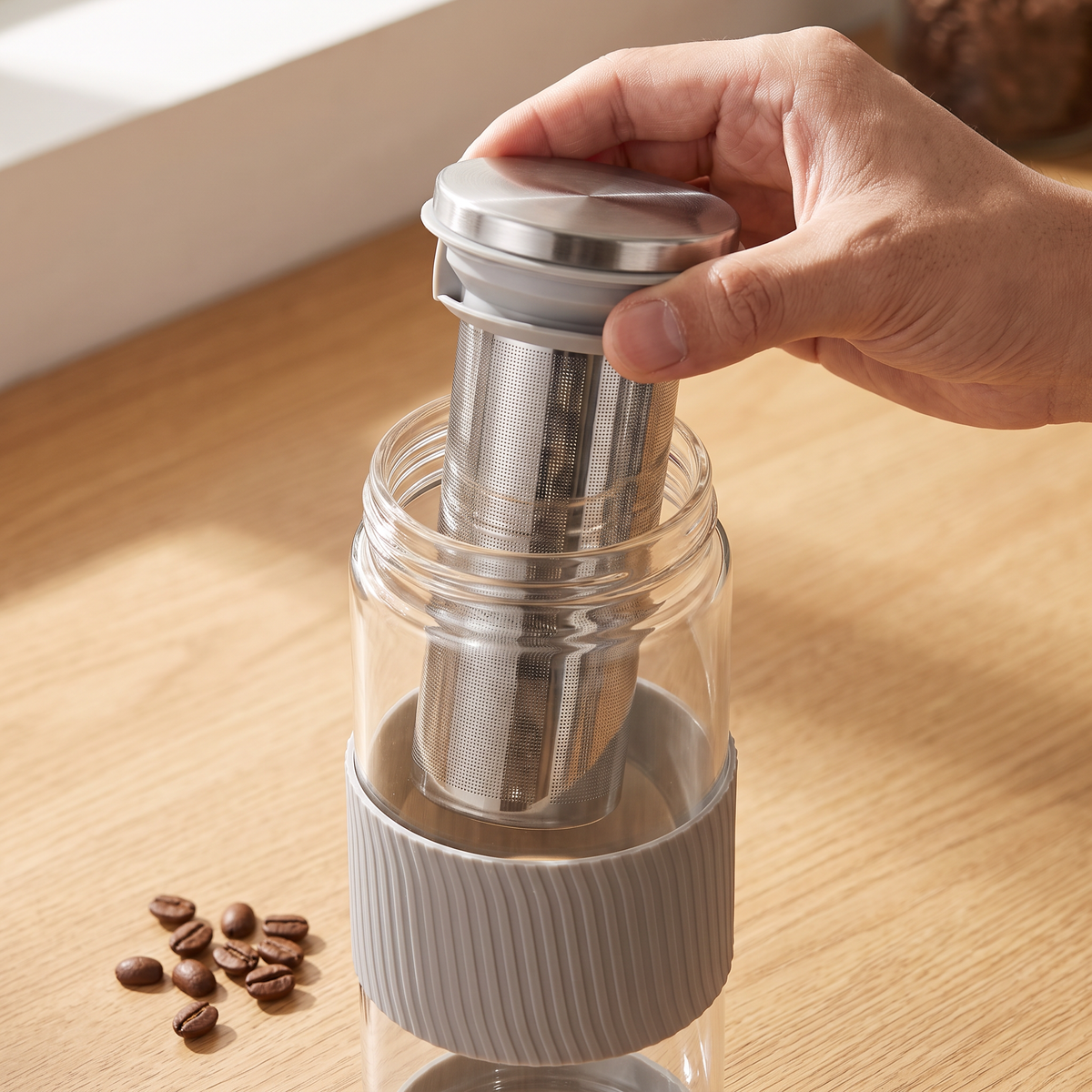 Filtro de inox limpo sendo encaixado na garrafa